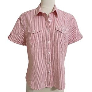 VTG JONES NEW YORK Seersucker Red White Striped Short Sleeve Button Down Shirt